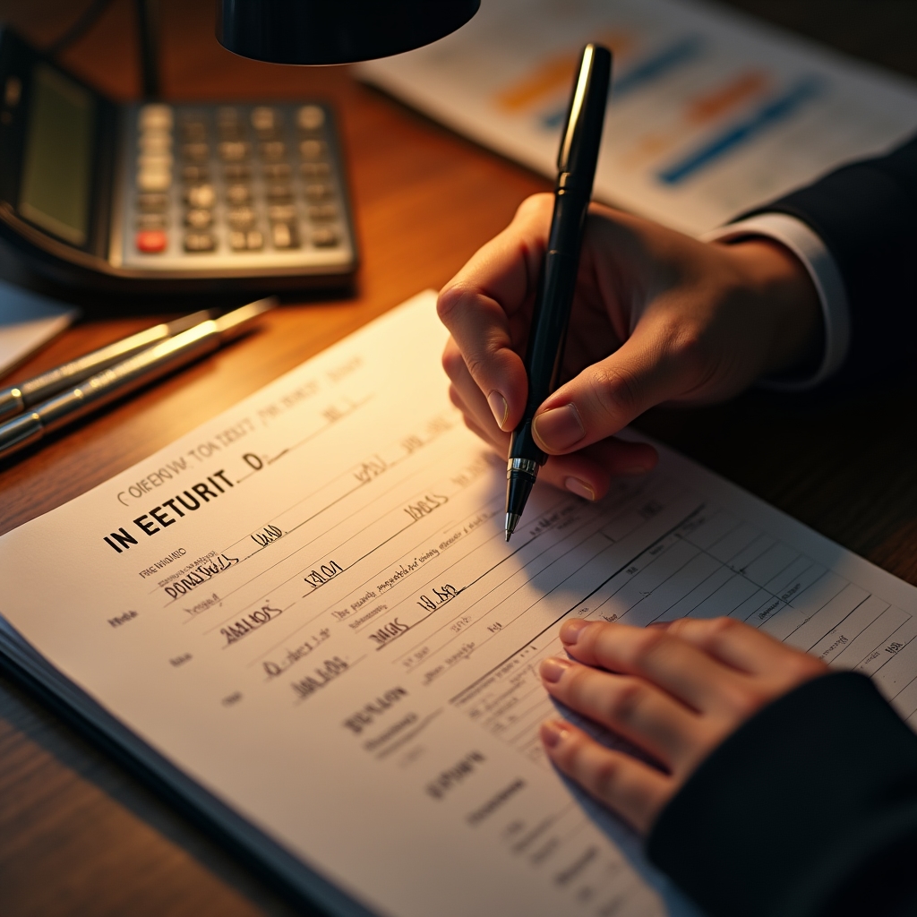 Close-up of a business owner writing cash flow notes in a ledger with a calculator beside it