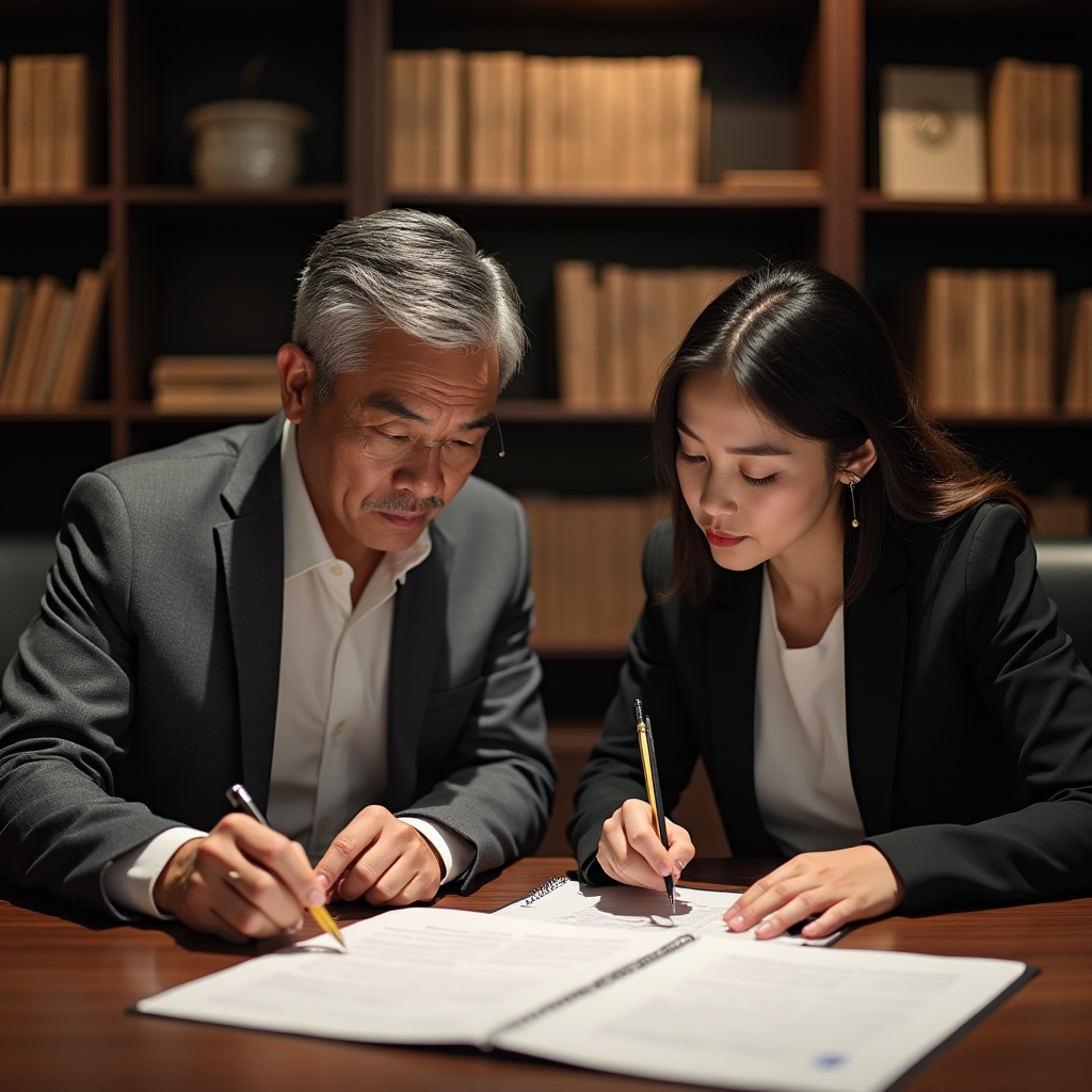 SME owner and colleague reviewing a business plan document in a professional setting with natural lighting