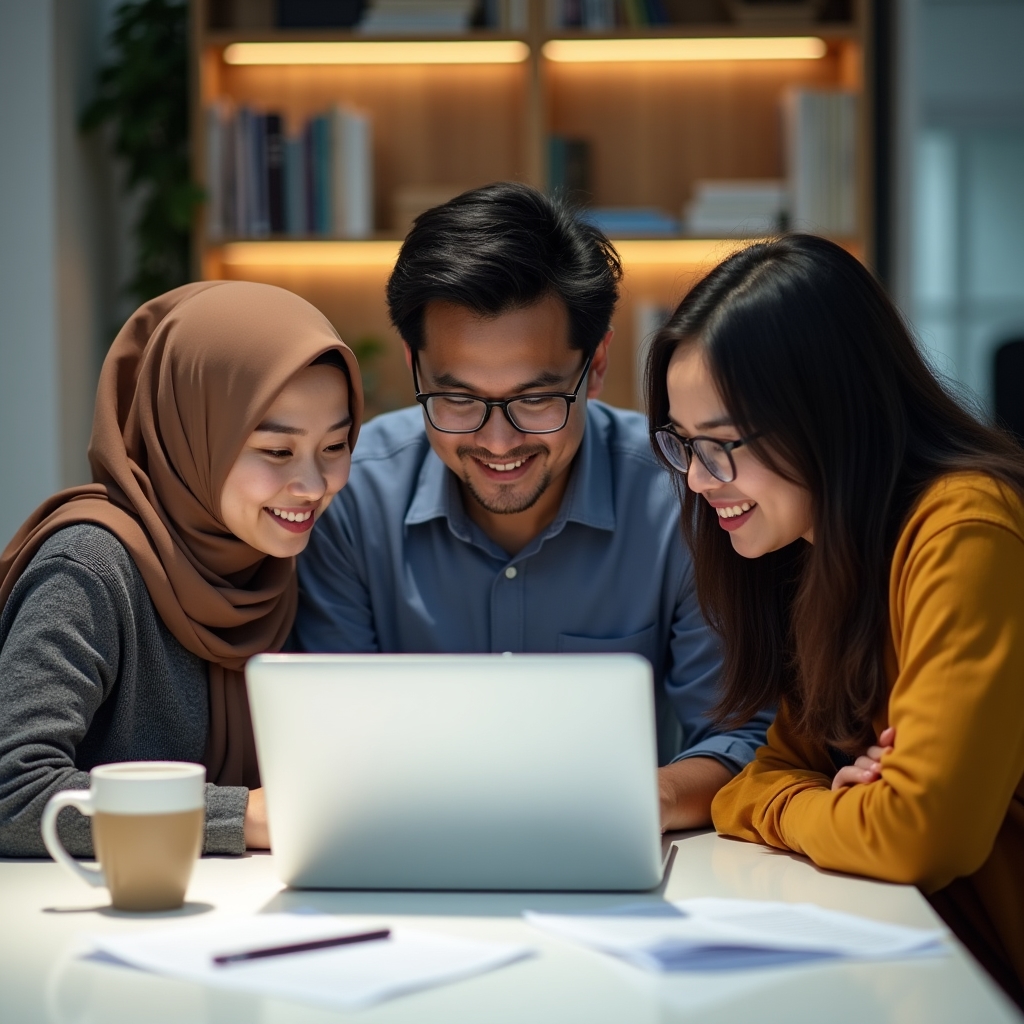 Small group of professionals watching a shared laptop screen during an online workshop session in a bright office space