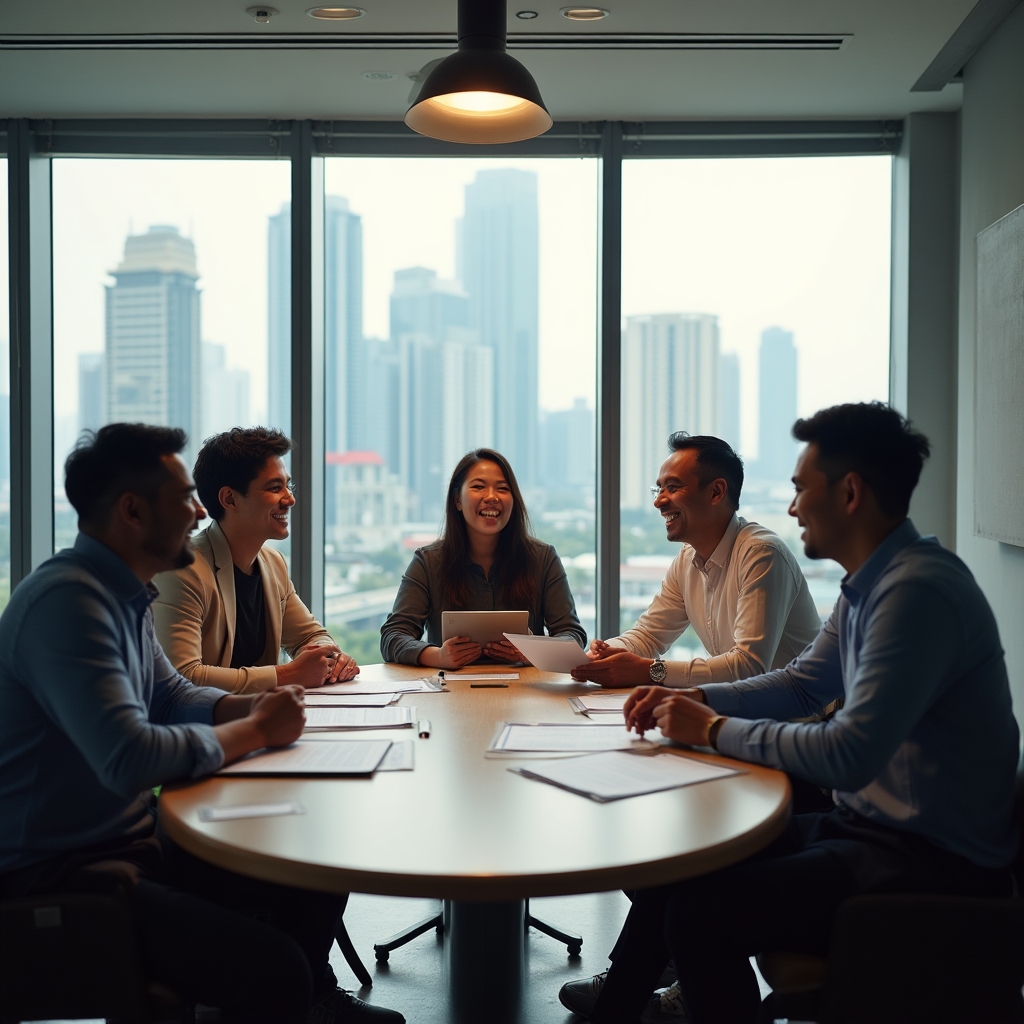Small Malaysian business team gathered around a table discussing business documents in a modern office environment