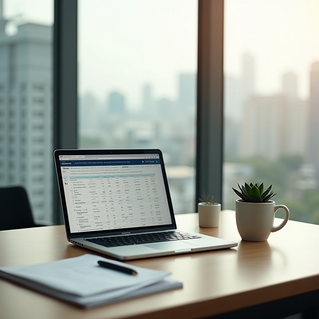 Modern office workspace with natural light, clean desk setup with a laptop and plant, overlooking Penang cityscape