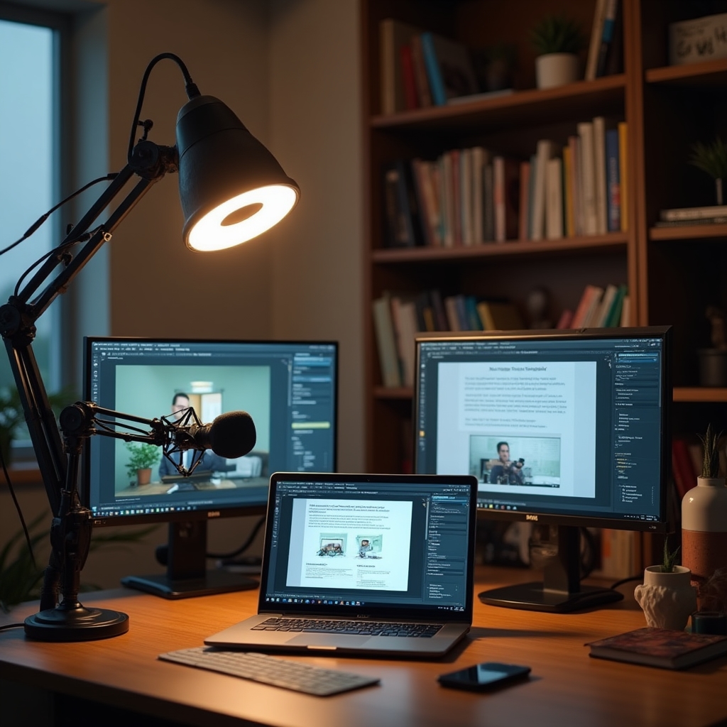 Professional home office recording setup with ring light, microphone and dual screens used for delivering online workshop sessions