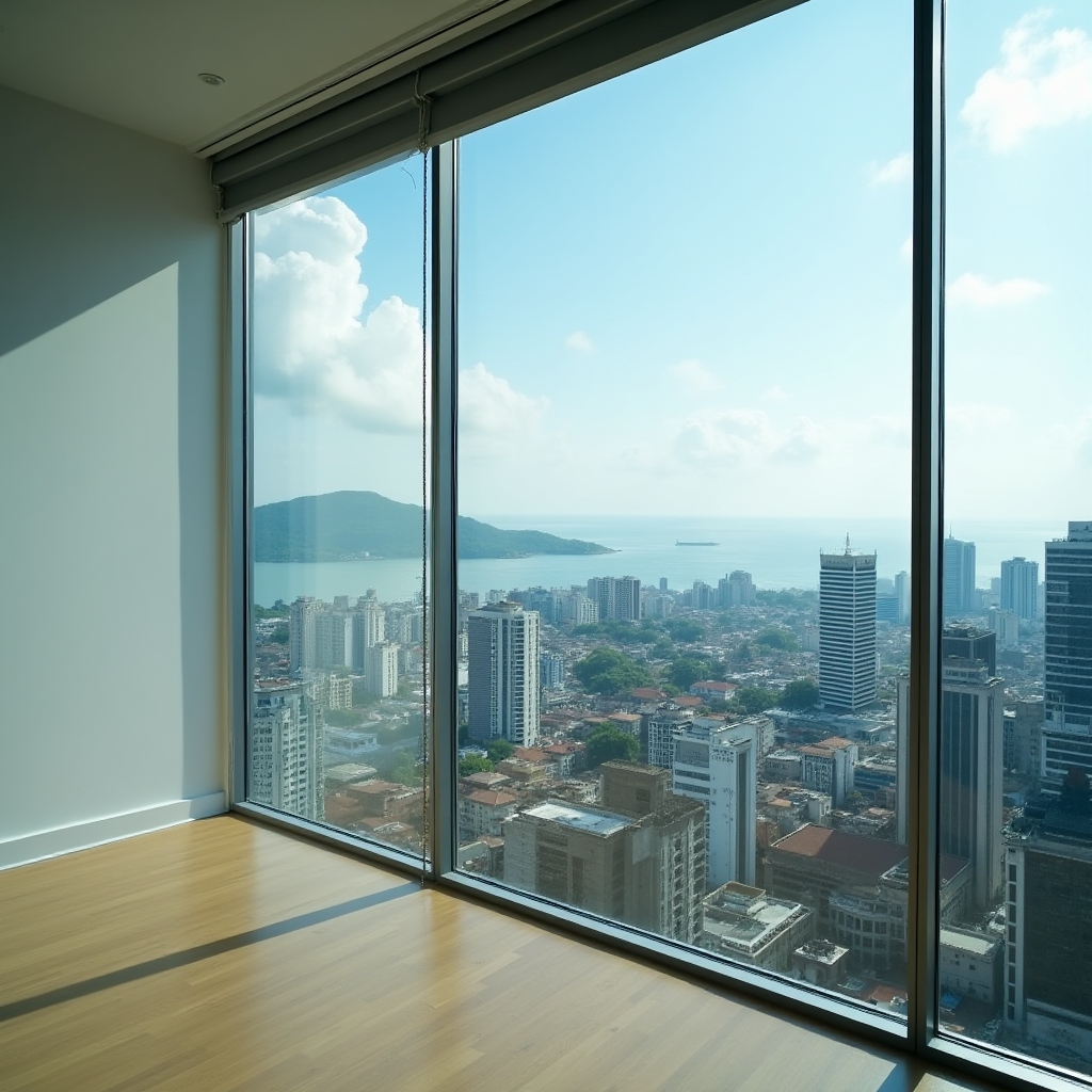 Window view from a high-rise Penang office looking out over George Town with blue sky and city buildings in warm afternoon light