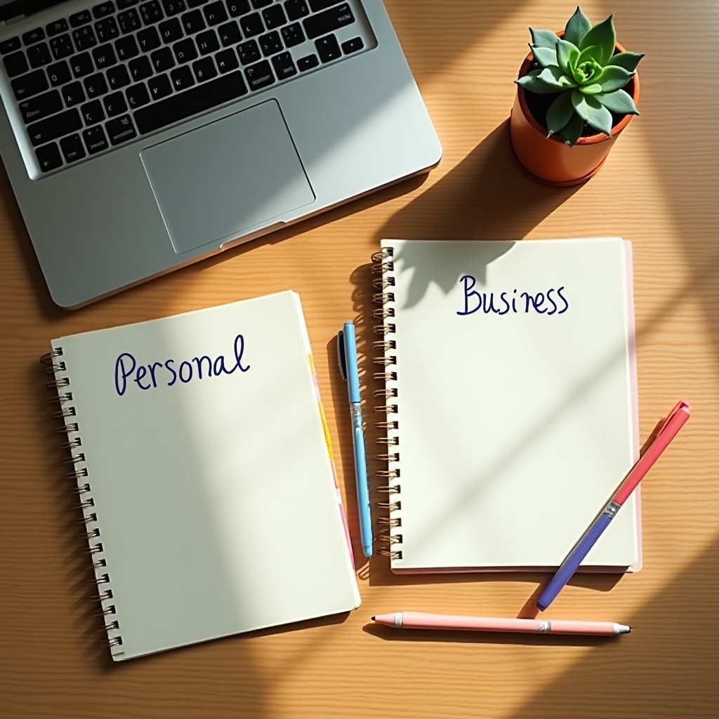 Overhead shot of two separate notebooks labelled personal and business beside a laptop on a wooden desk