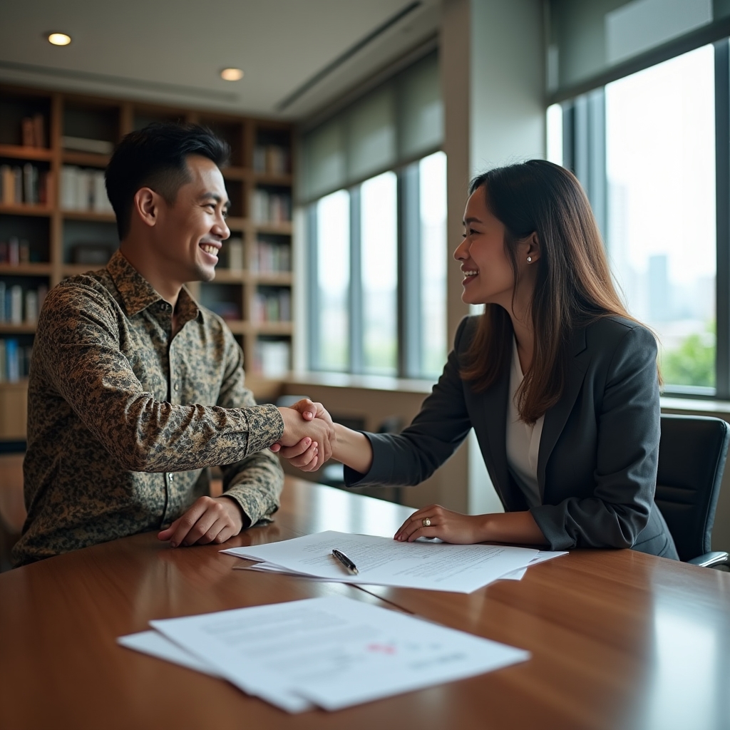 Two business professionals shaking hands across a table with documents between them in a well-lit professional setting