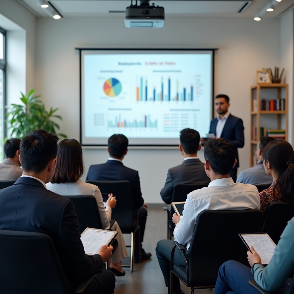 A diverse group of Malaysian professionals in a training session watching a presenter at a screen in a modern meeting room
